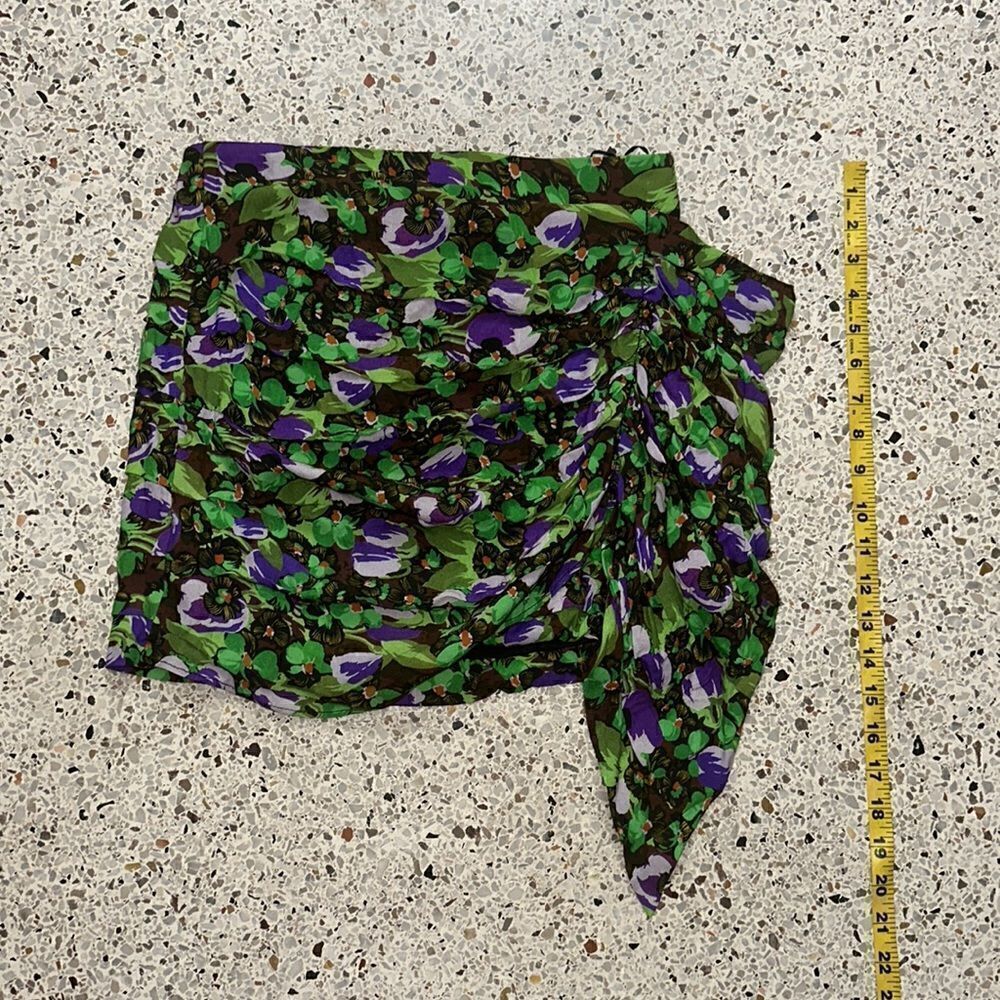 Zara green purple floral mini skirt side tie medium m